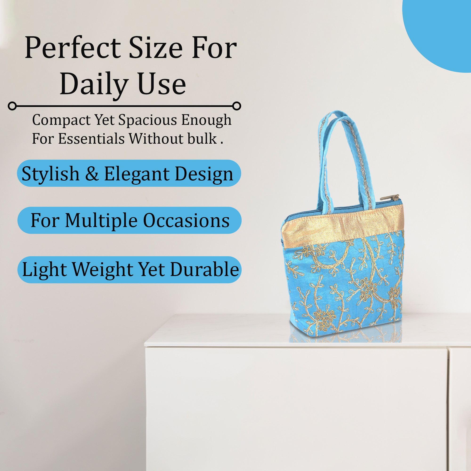 Kuber Industries Hand Bag for Women  Girls with Handle  Lightweight  Multi-Purpose Shopping Bag for Travel Party Events  Daily Use  Embroidery Design - Sky Blue