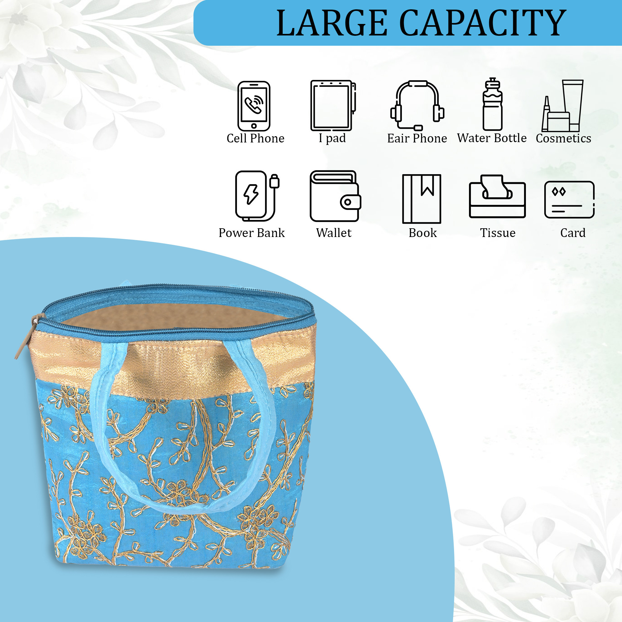 Kuber Industries Hand Bag for Women  Girls with Handle  Lightweight  Multi-Purpose Shopping Bag for Travel Party Events  Daily Use  Embroidery Design - Sky Blue