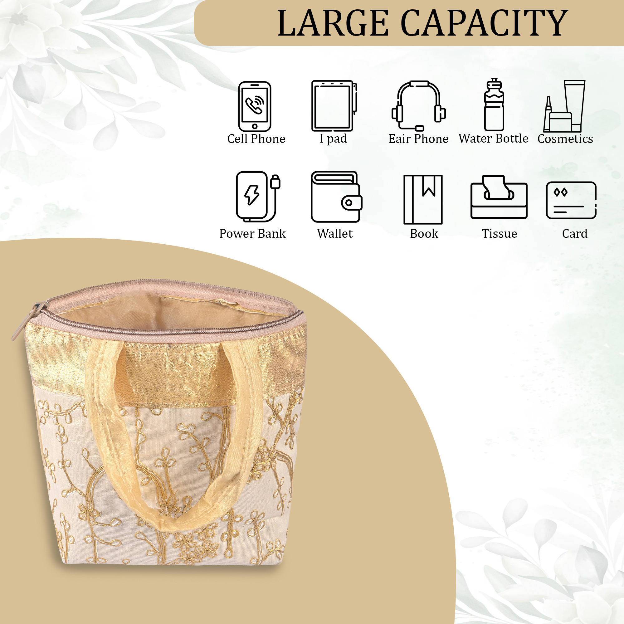 Kuber Industries Hand Bag for Women  Girls with Handle  Lightweight  Multi-Purpose Shopping Bag for Travel Party Events  Daily Use  Embroidery Design - Cream