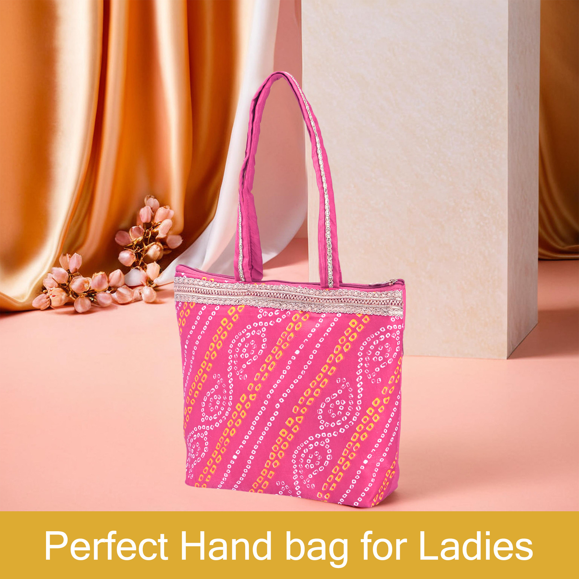 Kuber Industries Hand Bag for Women  Girls with Handle  Lightweight  Multi-Purpose Vanity Bag  Ladies Purse for Travel Party Events and Daily Use  Bandhej Print - Rani