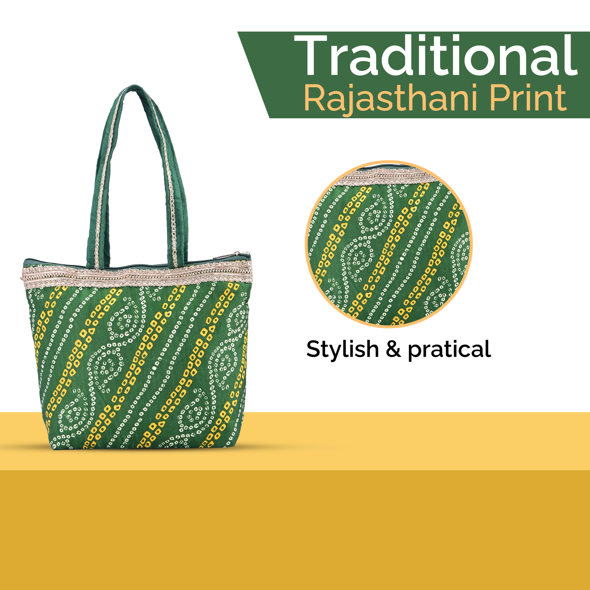 Kuber Industries Hand Bag for Women  Girls with Handle  Lightweight  Multi-Purpose Vanity Bag  Ladies Purse for Travel Party Events and Daily Use  Bandhej Print - Green