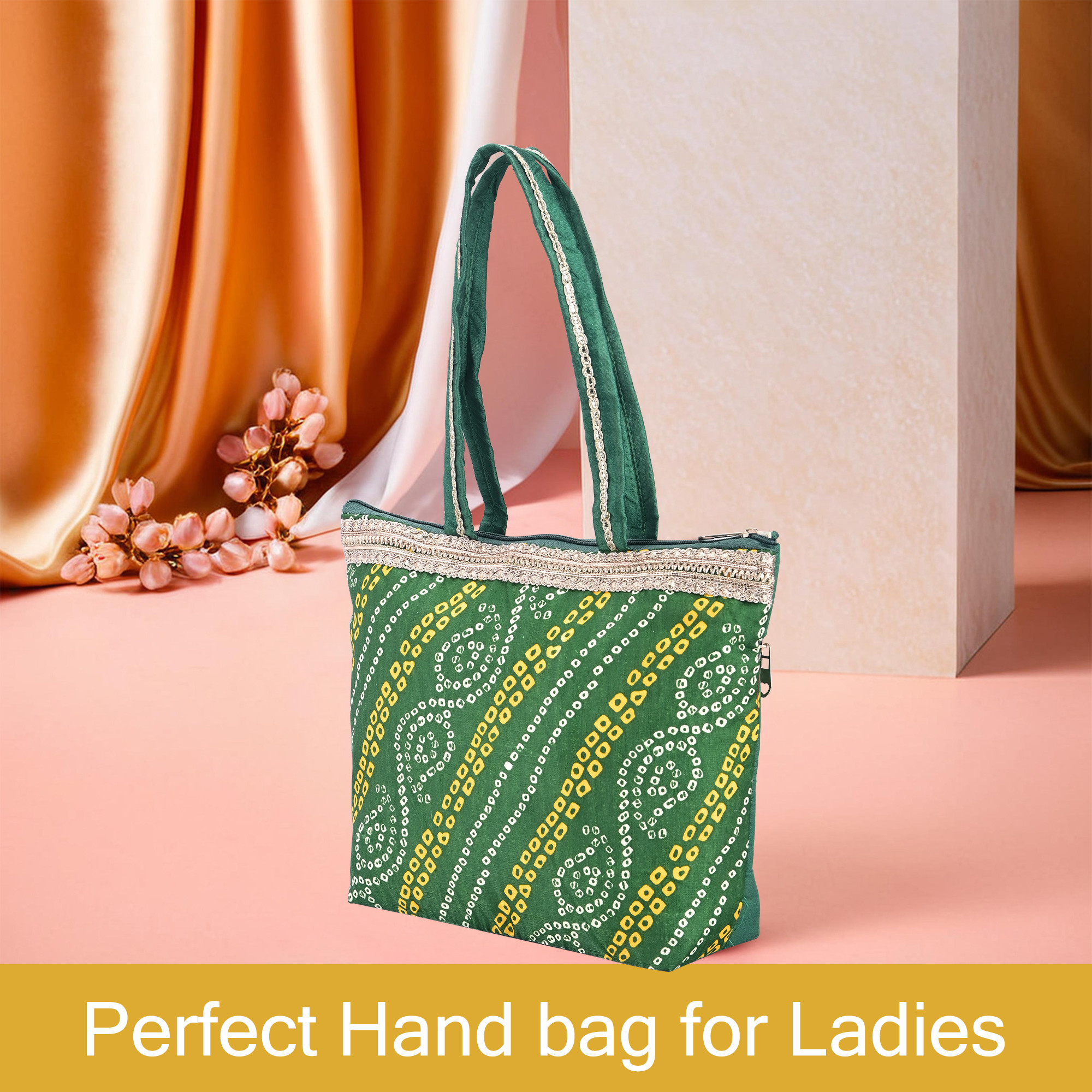 Kuber Industries Hand Bag for Women  Girls with Handle  Lightweight  Multi-Purpose Vanity Bag  Ladies Purse for Travel Party Events and Daily Use  Bandhej Print - Green