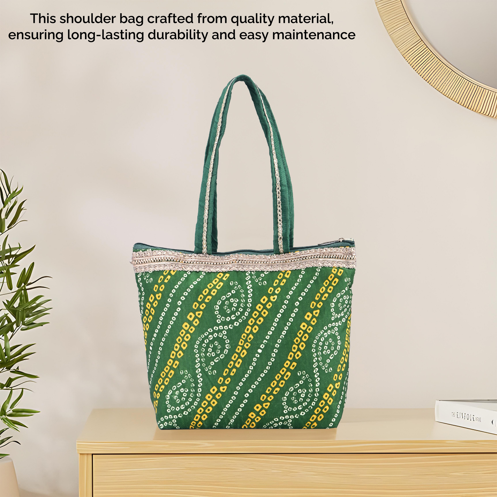 Kuber Industries Hand Bag for Women  Girls with Handle  Lightweight  Multi-Purpose Vanity Bag  Ladies Purse for Travel Party Events and Daily Use  Bandhej Print - Green