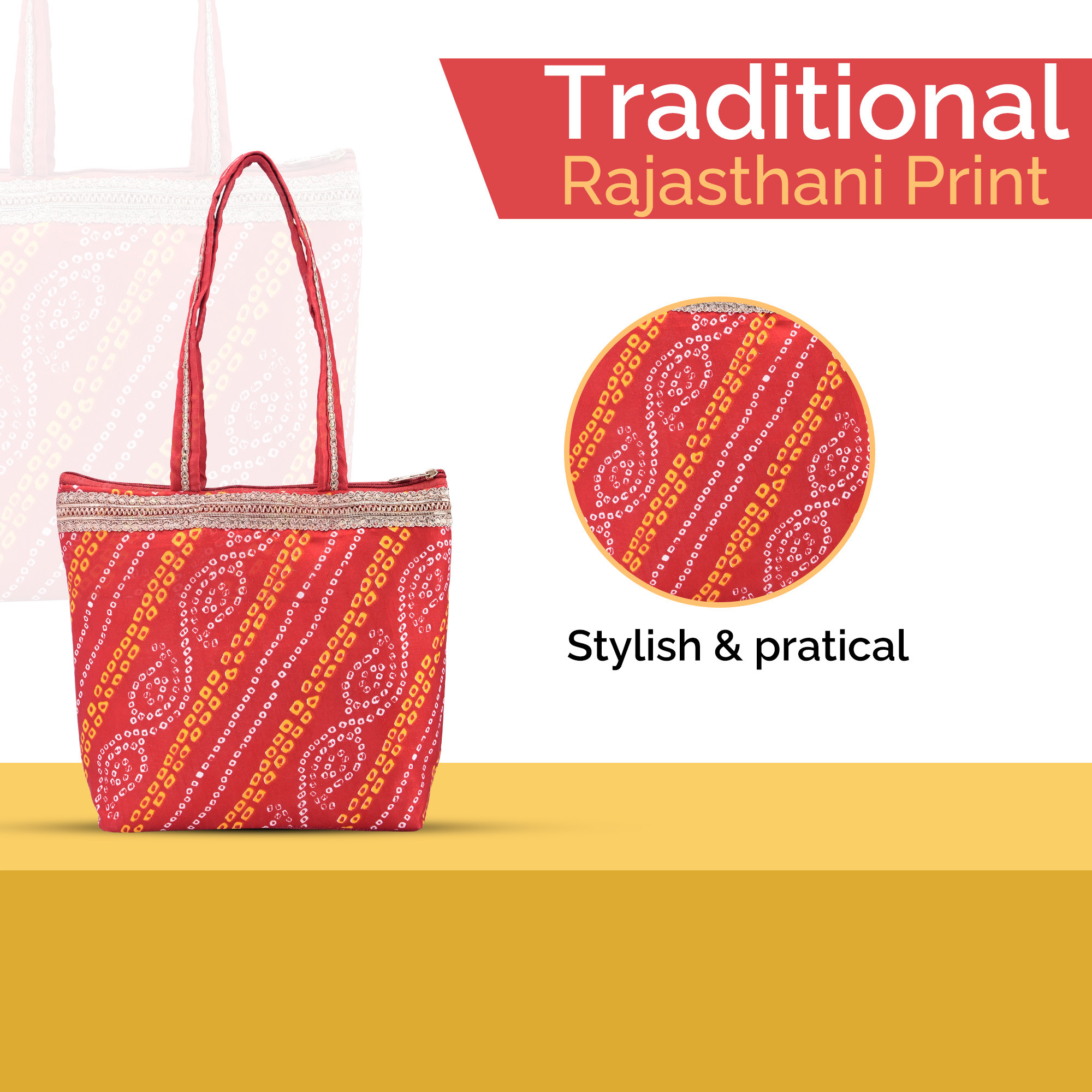 Kuber Industries Hand Bag for Women  Girls with Handle  Lightweight  Multi-Purpose Vanity Bag  Ladies Purse for Travel Party Events and Daily Use  Bandhej Print - Red