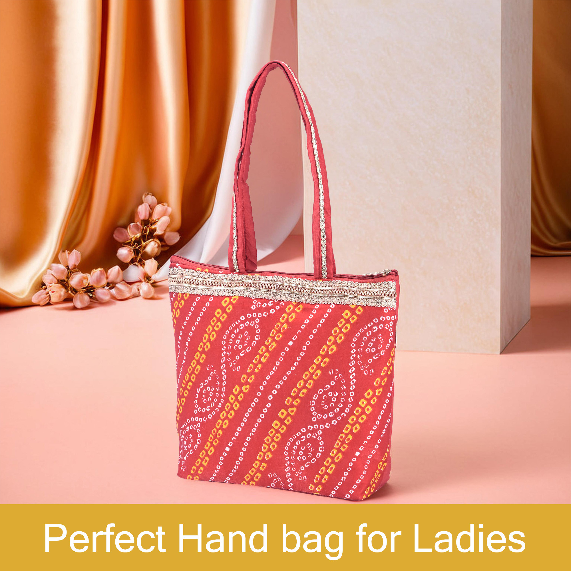 Kuber Industries Hand Bag for Women  Girls with Handle  Lightweight  Multi-Purpose Vanity Bag  Ladies Purse for Travel Party Events and Daily Use  Bandhej Print - Red