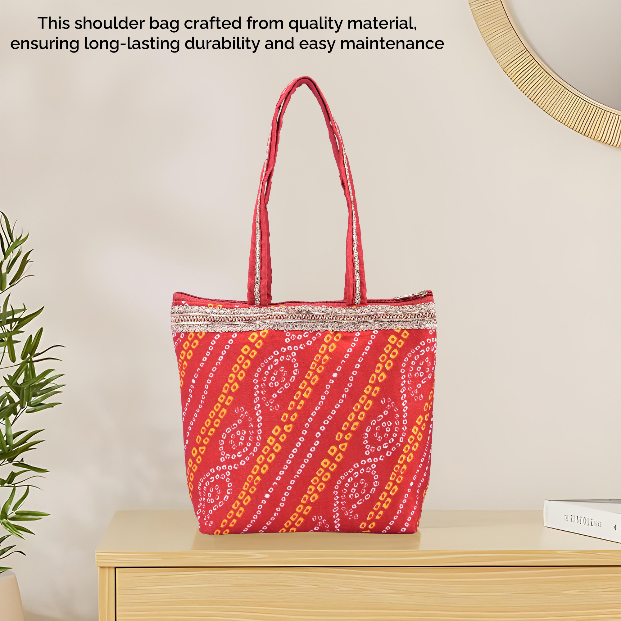 Kuber Industries Hand Bag for Women  Girls with Handle  Lightweight  Multi-Purpose Vanity Bag  Ladies Purse for Travel Party Events and Daily Use  Bandhej Print - Red
