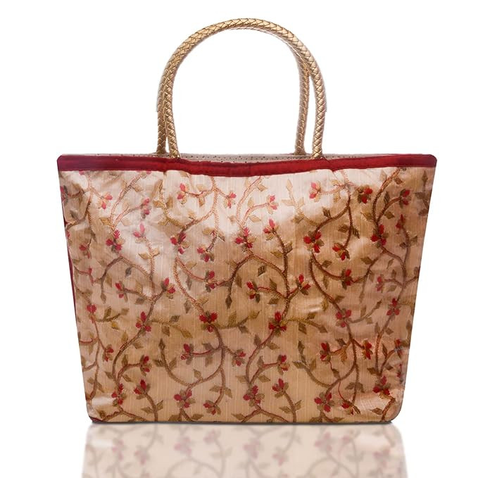 Kuber Industries Hand Bag|PVC Laminated Floral Red Border Embroidery Purse|Traditional Indian Handmade Shoulder bag with Golden Handle (Red)