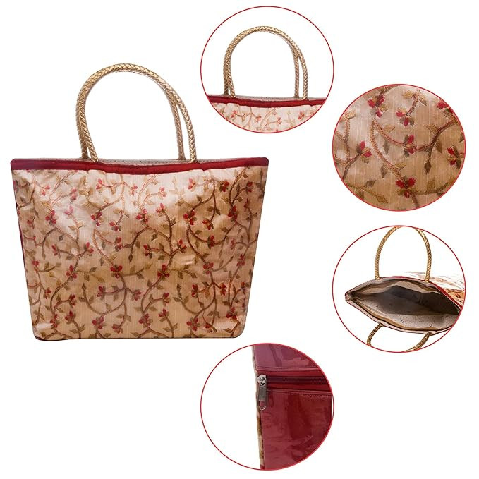 Kuber Industries Hand Bag|PVC Laminated Floral Red Border Embroidery Purse|Traditional Indian Handmade Shoulder bag with Golden Handle (Red)