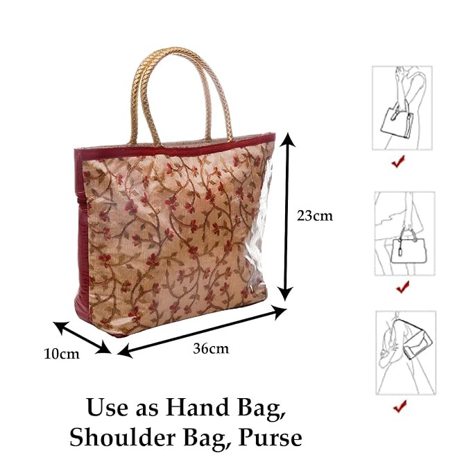 Kuber Industries Hand Bag|PVC Laminated Floral Red Border Embroidery Purse|Traditional Indian Handmade Shoulder bag with Golden Handle (Red)