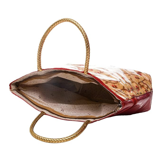 Kuber Industries Hand Bag|PVC Laminated Floral Red Border Embroidery Purse|Traditional Indian Handmade Shoulder bag with Golden Handle (Red)