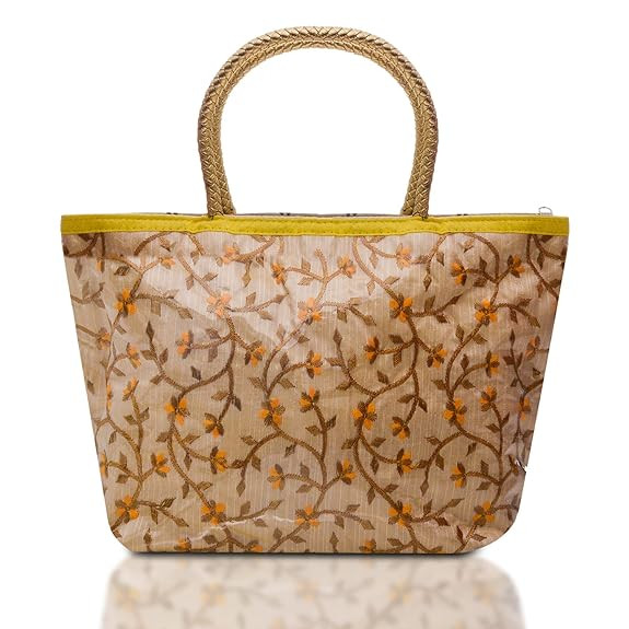 Kuber Industries Hand Bag|PVC Laminated Floral Yellow Border Embroidery Purse|Traditional Indian Handmade Shoulder bag with Golden Handle (Yellow)