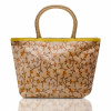 Kuber Industries Hand Bag|PVC Laminated Floral Yellow Border Embroidery Purse|Traditional Indian Handmade Shoulder bag with Golden Handle (Yellow)