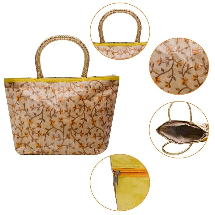 Kuber Industries Hand Bag|PVC Laminated Floral Yellow Border Embroidery Purse|Traditional Indian Handmade Shoulder bag with Golden Handle (Yellow)