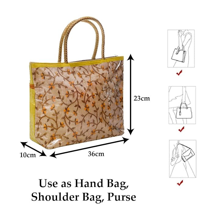 Kuber Industries Hand Bag|PVC Laminated Floral Yellow Border Embroidery Purse|Traditional Indian Handmade Shoulder bag with Golden Handle (Yellow)