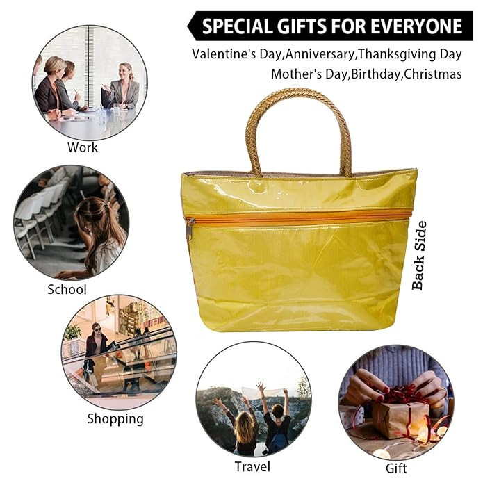 Kuber Industries Hand Bag|PVC Laminated Floral Yellow Border Embroidery Purse|Traditional Indian Handmade Shoulder bag with Golden Handle (Yellow)