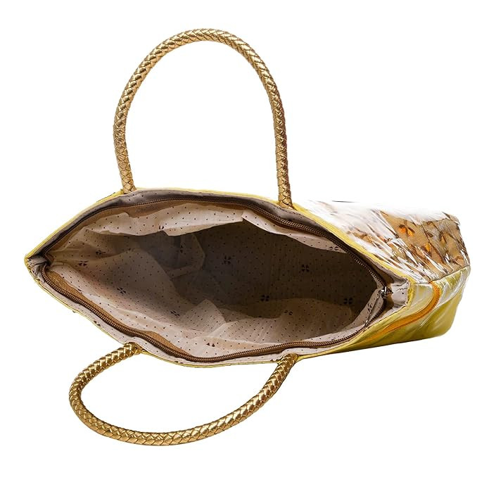 Kuber Industries Hand Bag|PVC Laminated Floral Yellow Border Embroidery Purse|Traditional Indian Handmade Shoulder bag with Golden Handle (Yellow)