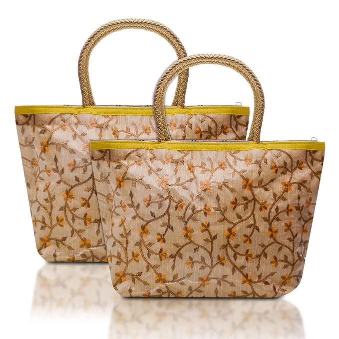 Kuber Industries Hand Bag|PVC Laminated Floral Yellow Border Embroidery Purse|Traditional Indian Handmade Shoulder bag with Golden Handle (Yellow)
