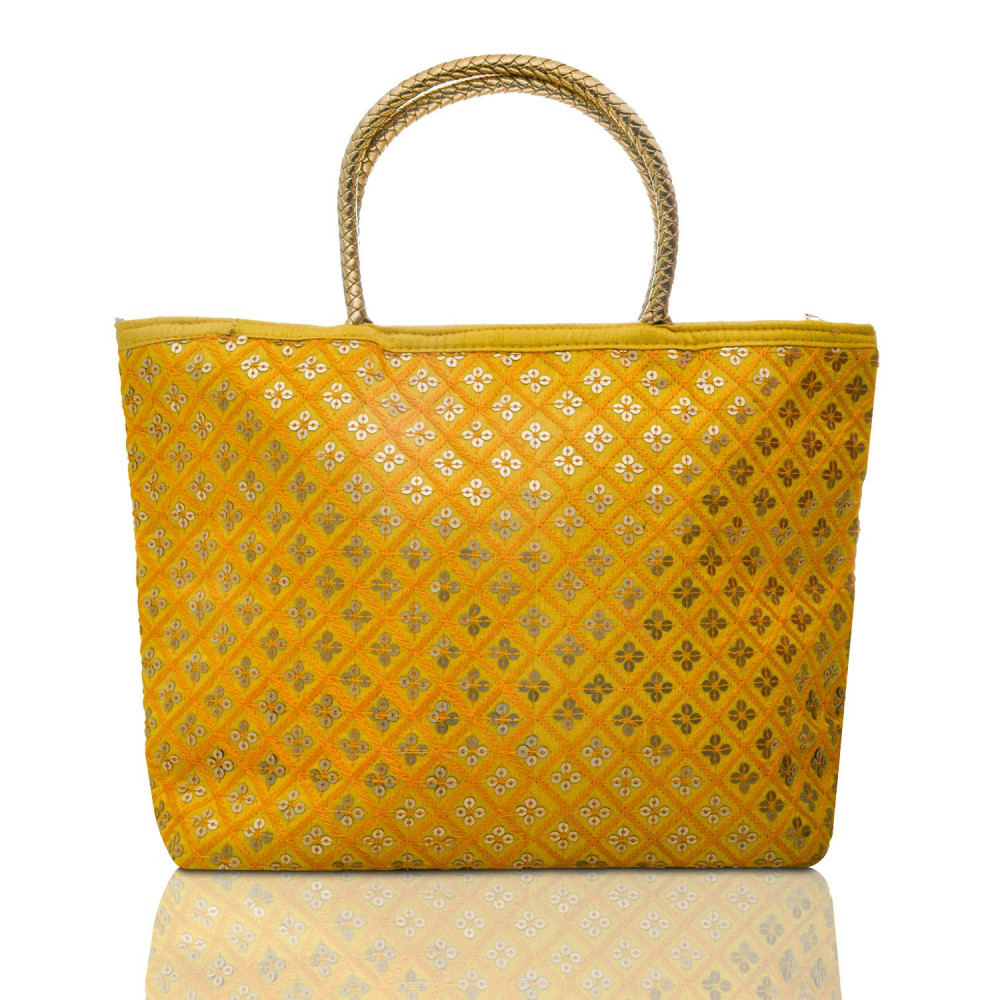 Kuber Industries Hand Bag|Sequins Silk Embroidery Purse|Traditional Indian Handmade Shoulder bag with Golden Handle (Yellow)