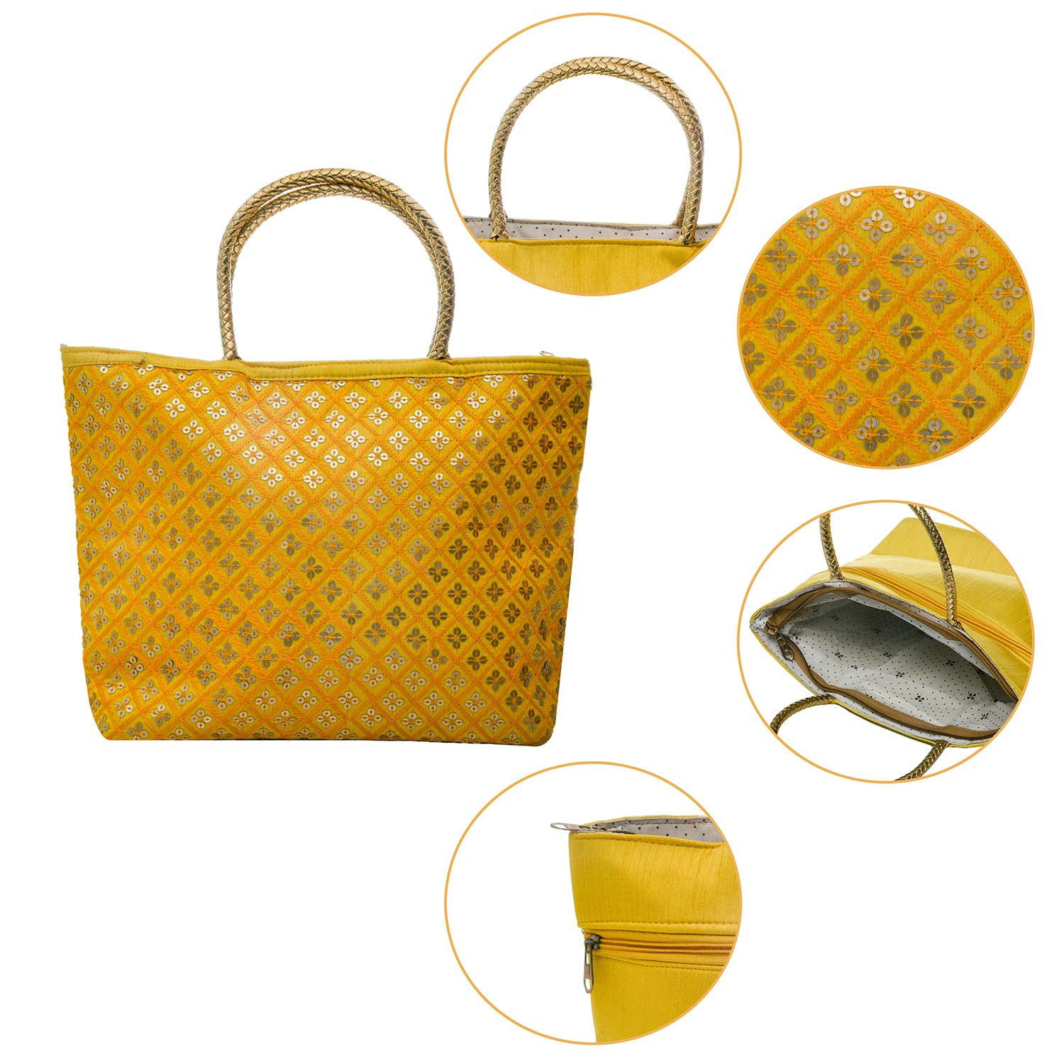 Kuber Industries Hand Bag|Sequins Silk Embroidery Purse|Traditional Indian Handmade Shoulder bag with Golden Handle (Yellow)