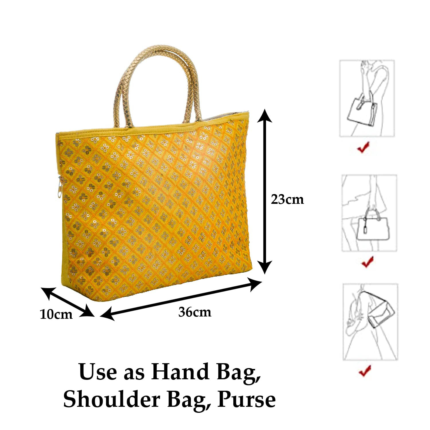 Kuber Industries Hand Bag|Sequins Silk Embroidery Purse|Traditional Indian Handmade Shoulder bag with Golden Handle (Yellow)