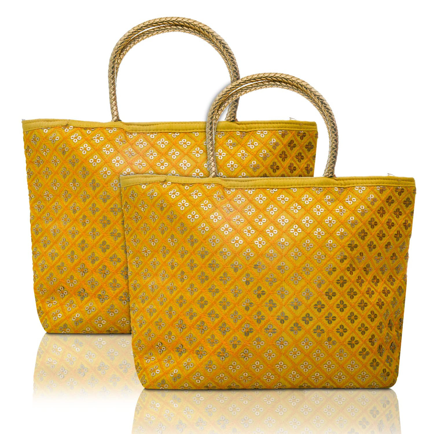 Kuber Industries Hand Bag|Sequins Silk Embroidery Purse|Traditional Indian Handmade Shoulder bag with Golden Handle (Yellow)