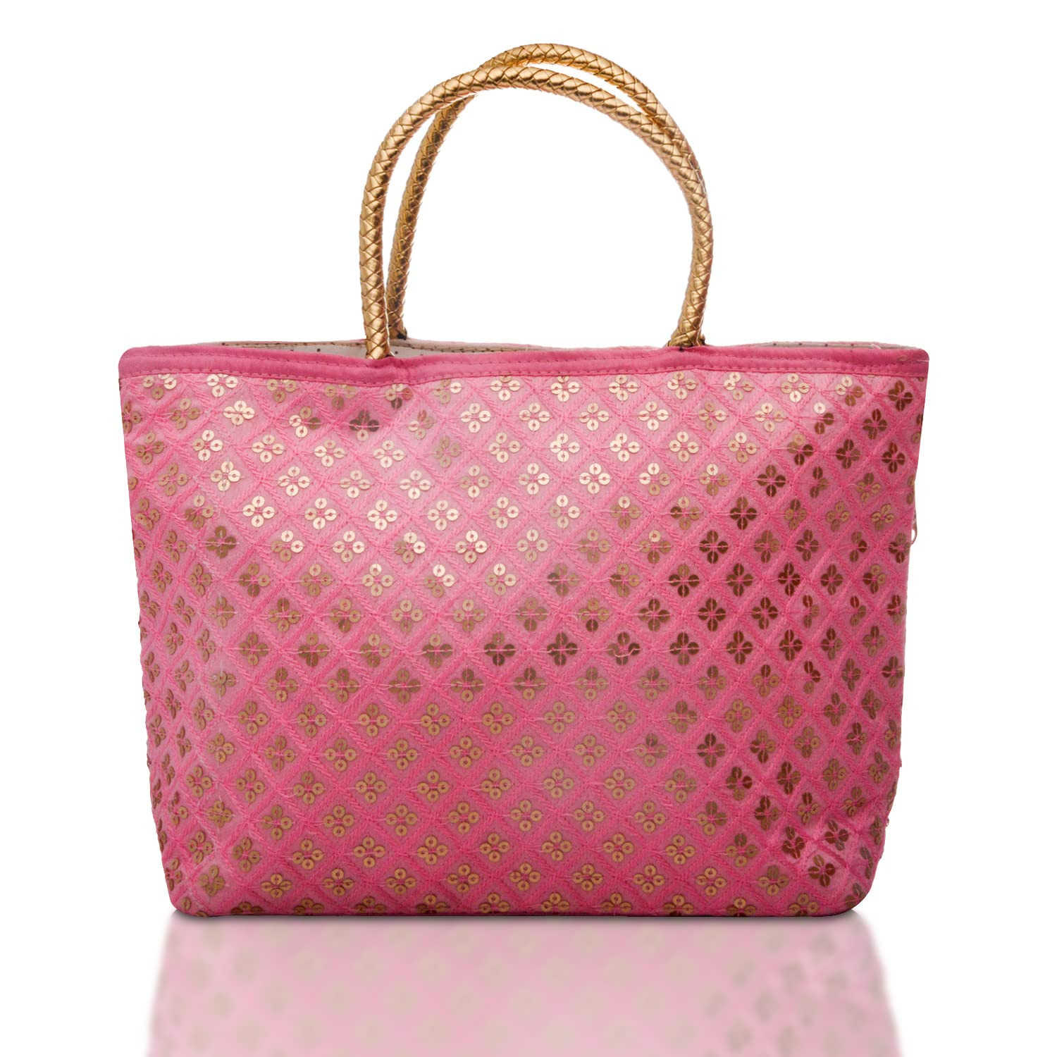 Kuber Industries Hand Bag|Sequins Silk Embroidery Purse|Traditional Indian Handmade Shoulder bag with Golden Handle (Pink)