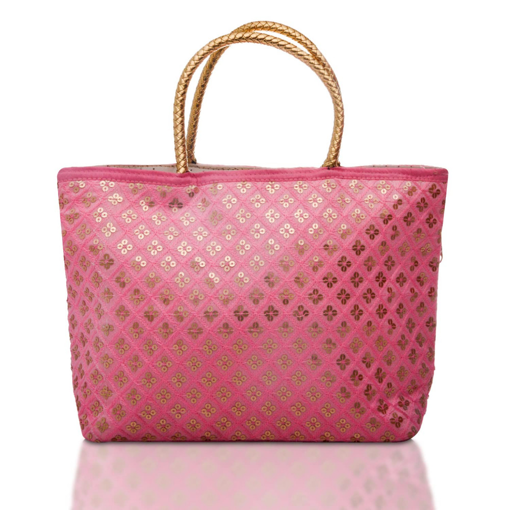 Kuber Industries Hand Bag|Sequins Silk Embroidery Purse|Traditional Indian Handmade Shoulder bag with Golden Handle (Pink)