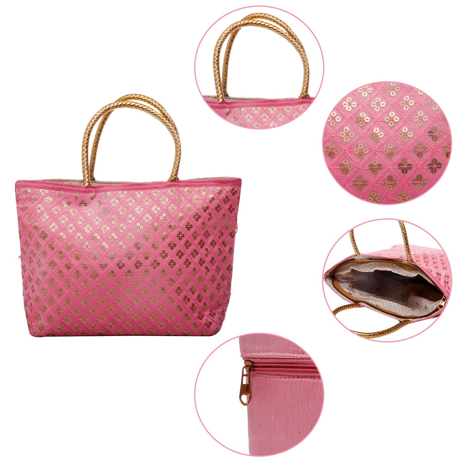 Kuber Industries Hand Bag|Sequins Silk Embroidery Purse|Traditional Indian Handmade Shoulder bag with Golden Handle (Pink)