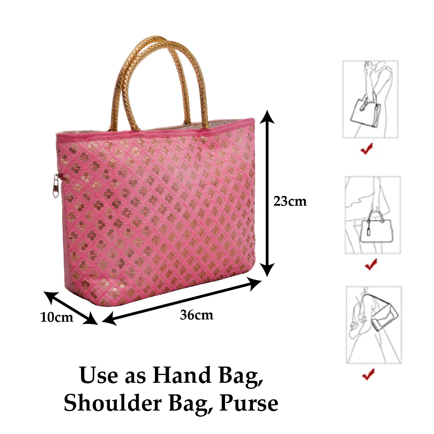 Kuber Industries Hand Bag|Sequins Silk Embroidery Purse|Traditional Indian Handmade Shoulder bag with Golden Handle (Pink)