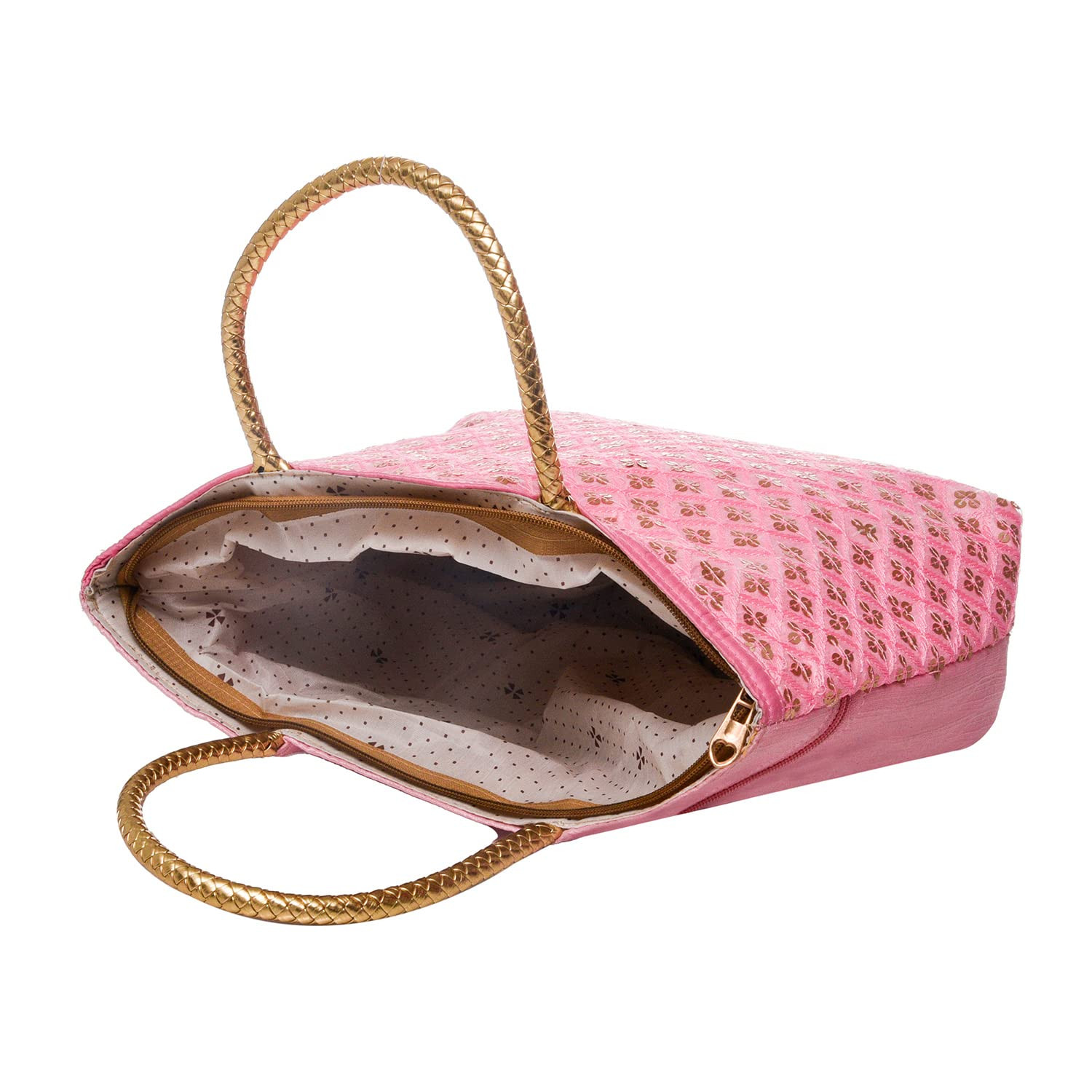 Kuber Industries Hand Bag|Sequins Silk Embroidery Purse|Traditional Indian Handmade Shoulder bag with Golden Handle (Pink)