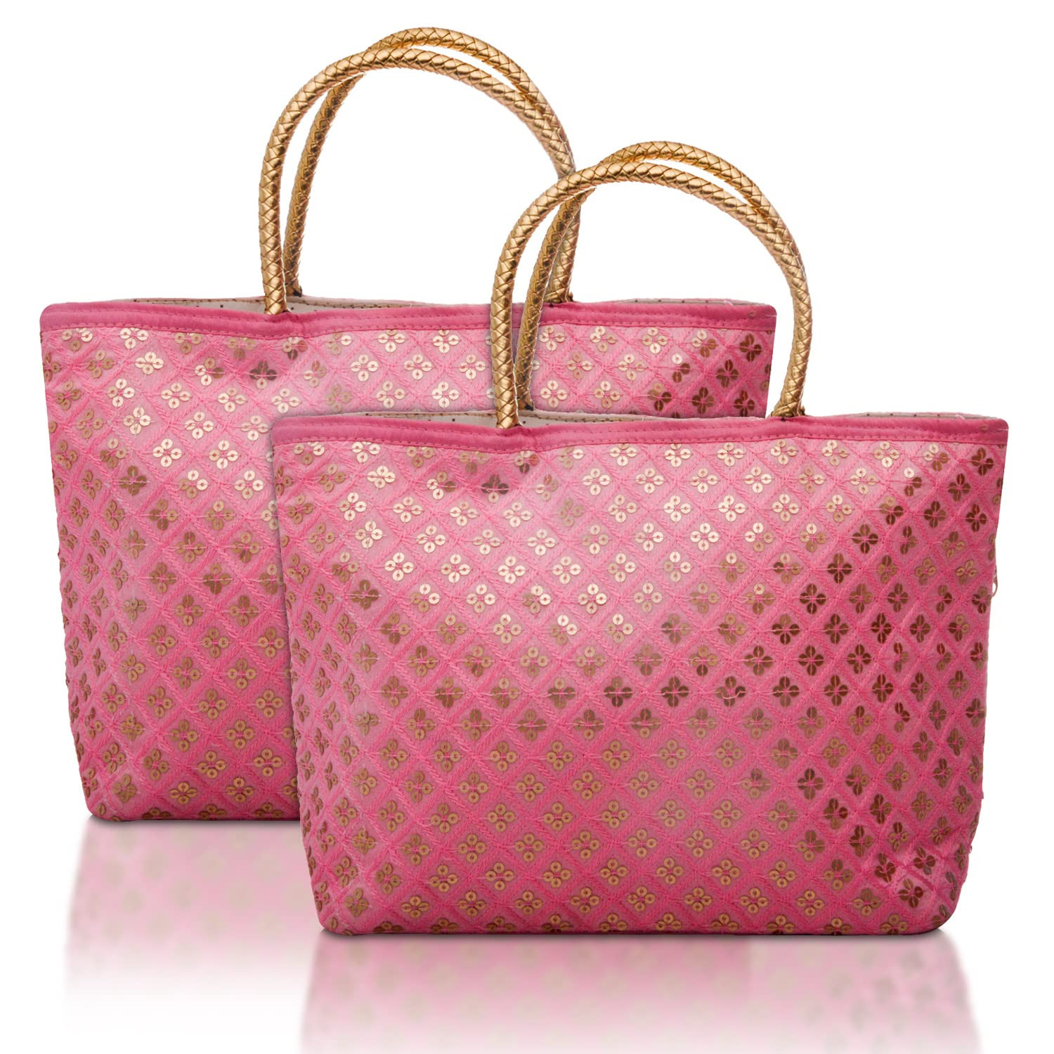 Kuber Industries Hand Bag|Sequins Silk Embroidery Purse|Traditional Indian Handmade Shoulder bag with Golden Handle (Pink)