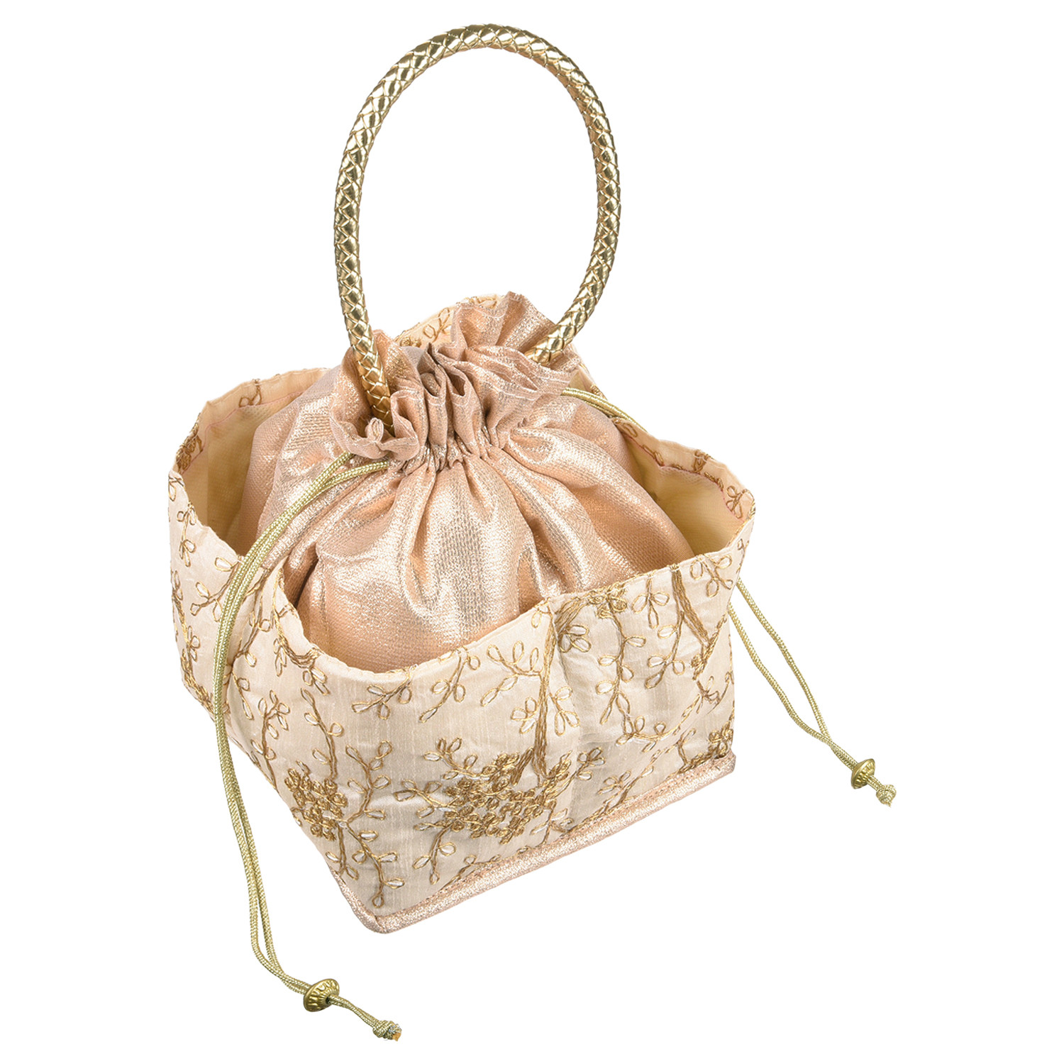 Kuber Industries Hand Bag|Silk Embroidery Drawstring Bag|Traditional Indian Handmade 5 Pocket Potli Bag with Golden Handle (Cream)