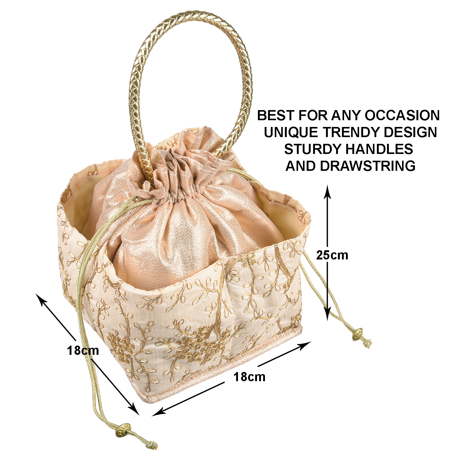 Kuber Industries Hand Bag|Silk Embroidery Drawstring Bag|Traditional Indian Handmade 5 Pocket Potli Bag with Golden Handle (Cream)