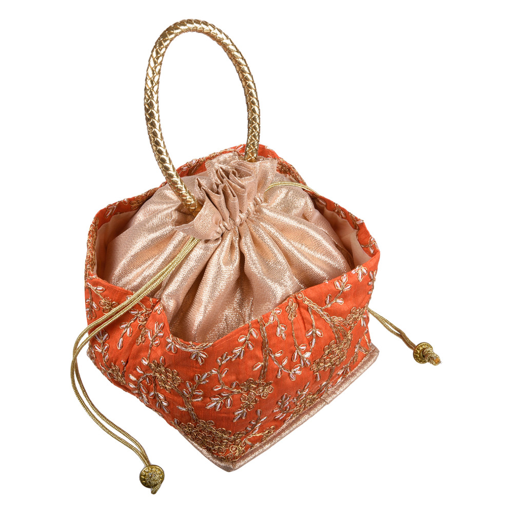 Kuber Industries Hand Bag|Silk Embroidery Drawstring Bag|Traditional Indian Handmade 5 Pocket Potli Bag with Golden Handle (Orange)