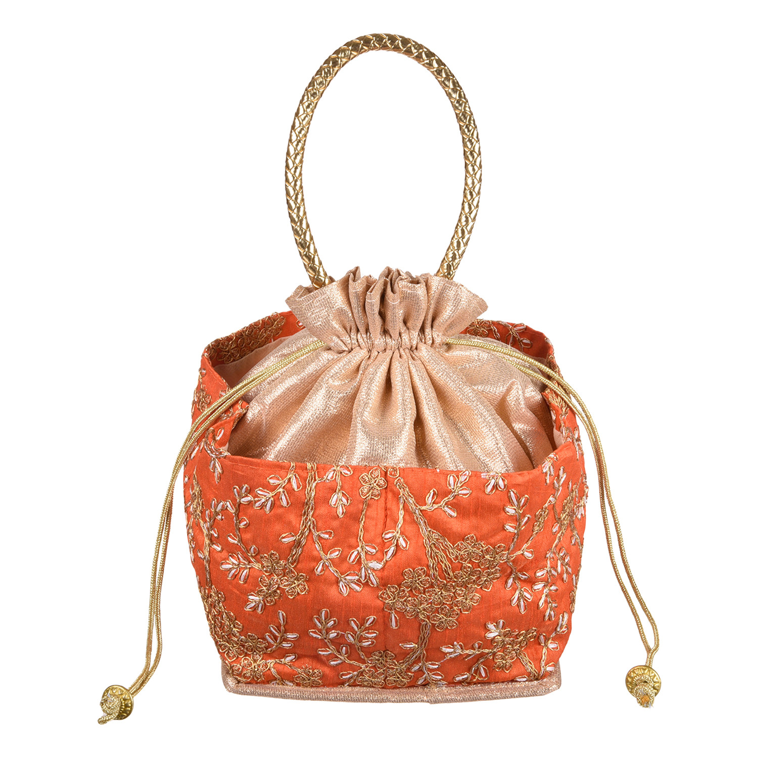 Kuber Industries Hand Bag|Silk Embroidery Drawstring Bag|Traditional Indian Handmade 5 Pocket Potli Bag with Golden Handle (Orange)