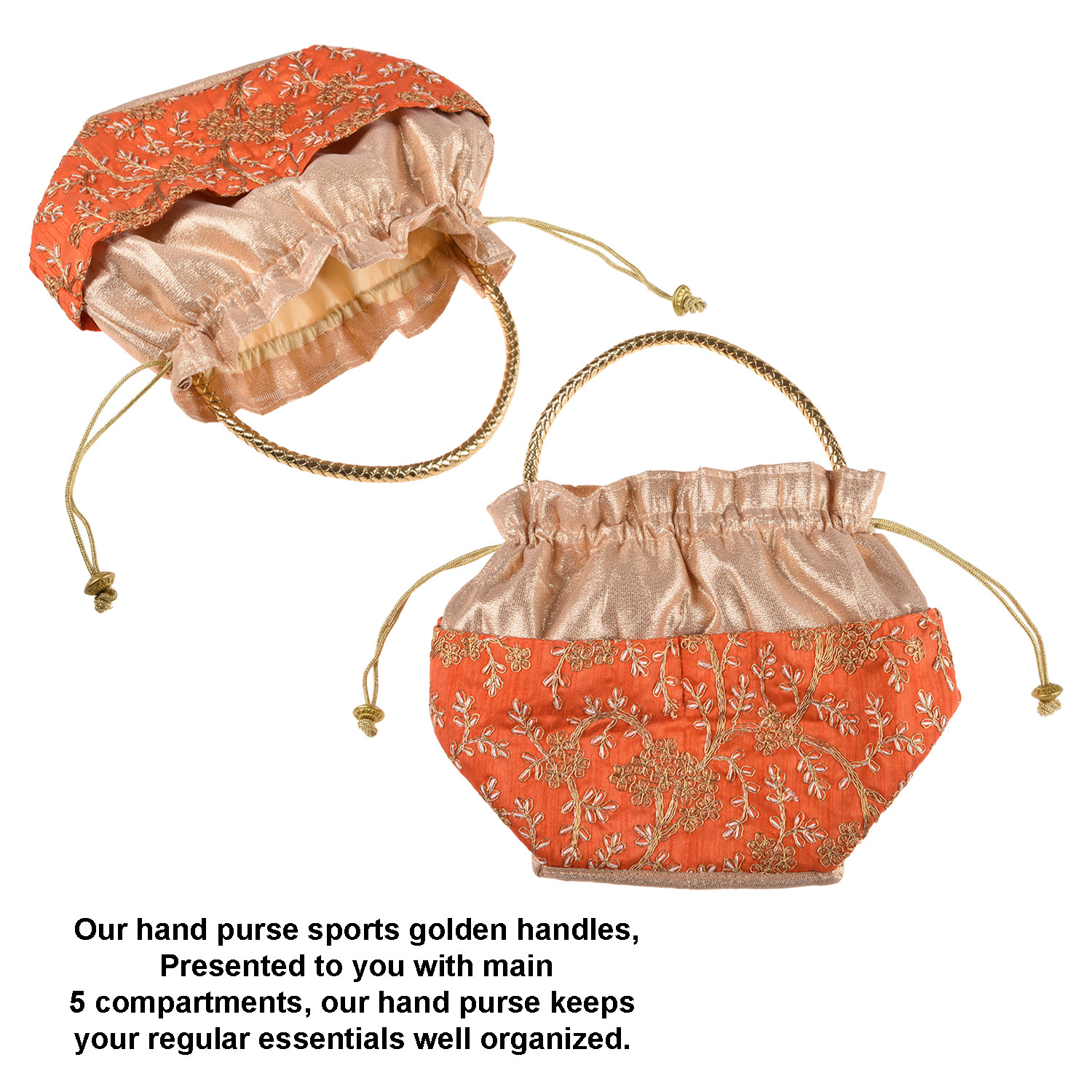 Kuber Industries Hand Bag|Silk Embroidery Drawstring Bag|Traditional Indian Handmade 5 Pocket Potli Bag with Golden Handle (Orange)