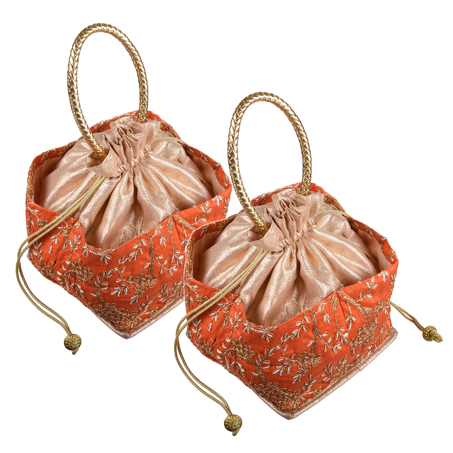 Kuber Industries Hand Bag|Silk Embroidery Drawstring Bag|Traditional Indian Handmade 5 Pocket Potli Bag with Golden Handle (Orange)