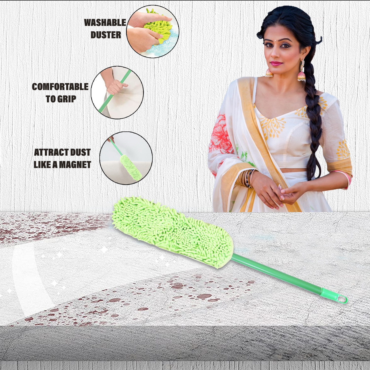 Kuber Industries Hand Duster|Microfiber Washable Cleaning Brush|Stainless Steel Detachable Handle Dusting Brush For Car|House Cleaning (Green)