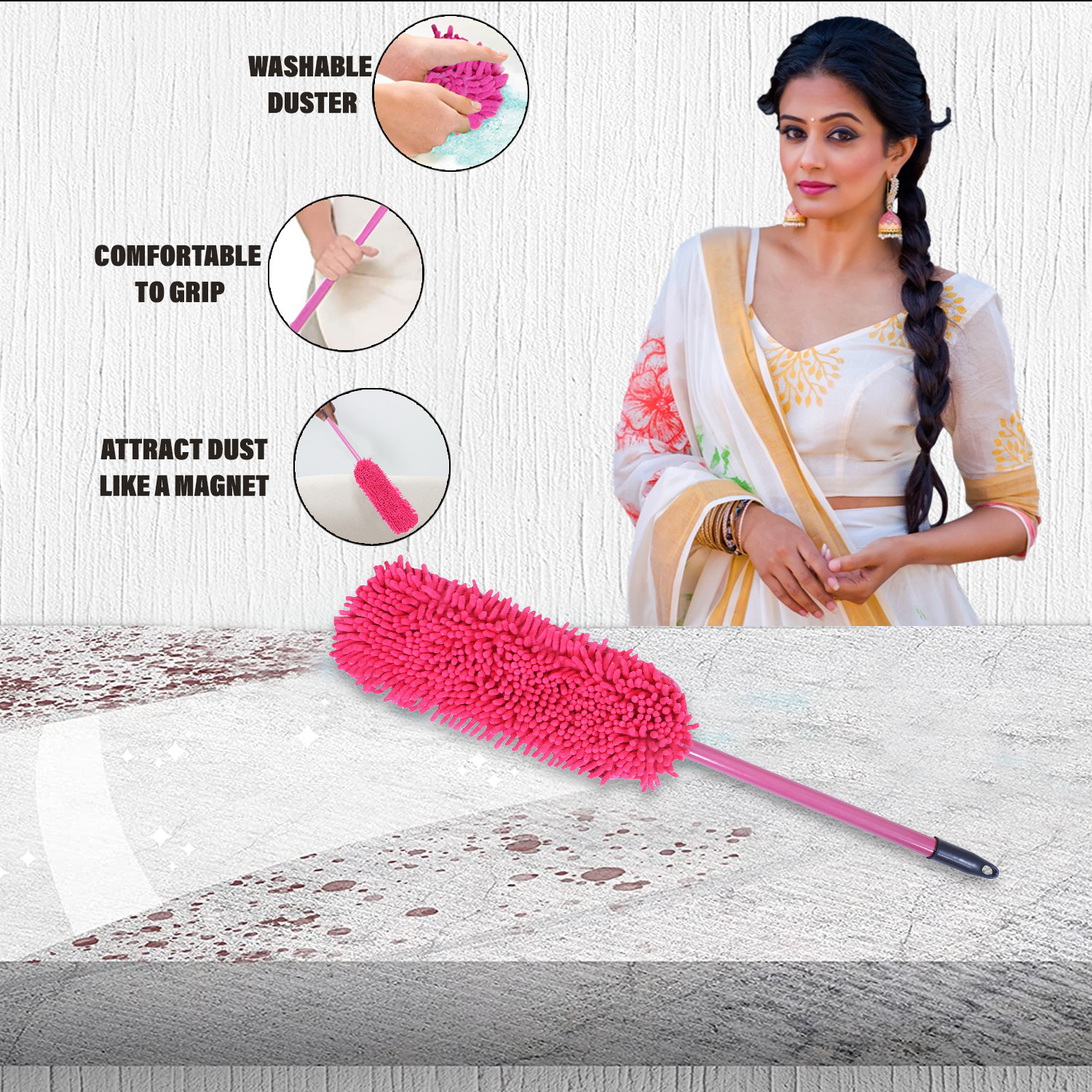 Kuber Industries Hand Duster|Microfiber Washable Cleaning Brush|Stainless Steel Detachable Handle Dusting Brush For Car|House Cleaning (Pink)