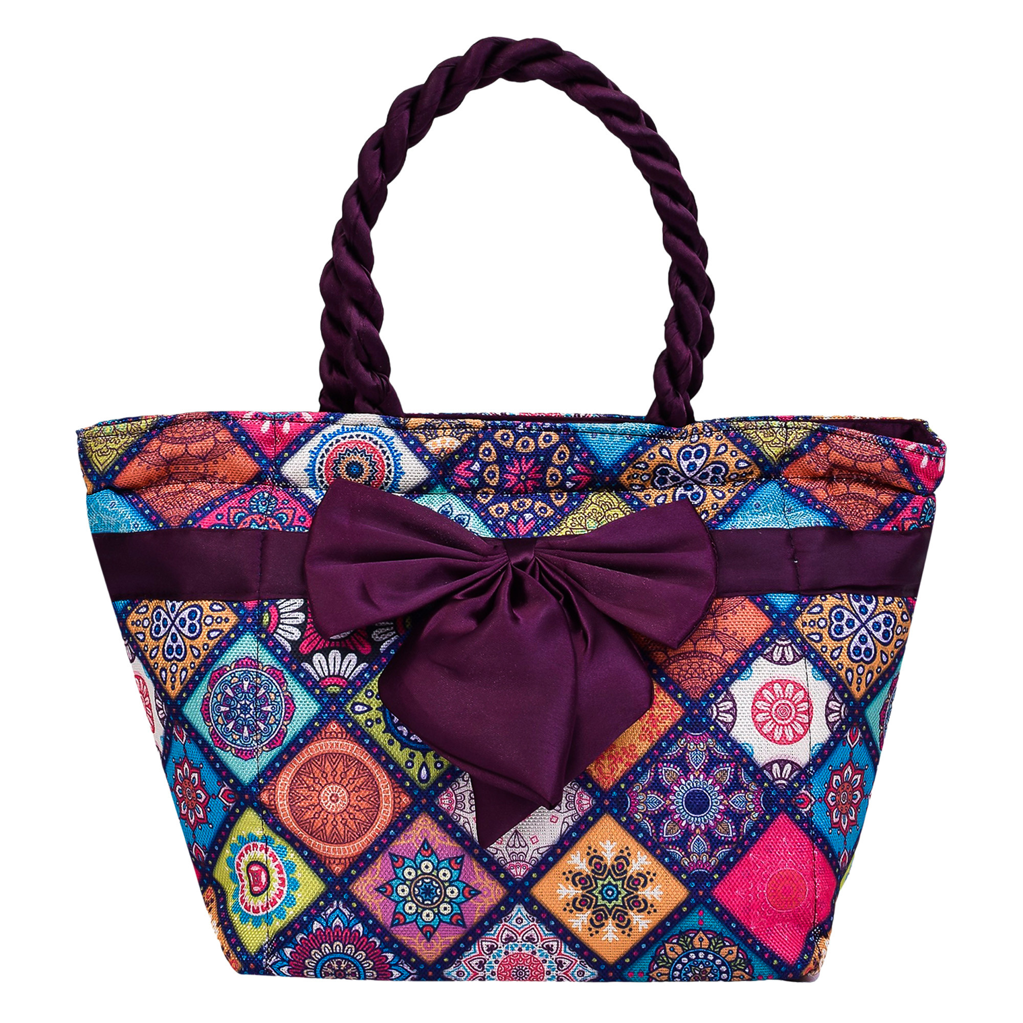 Kuber Industries Hand Purse  Polyester Hand Bag  Woman Shoulder Bag  Top Handle Handbag  Gifting Hand Purse  Ladies Tote Purse  Bow Rangoli Printed Handbag  Wine