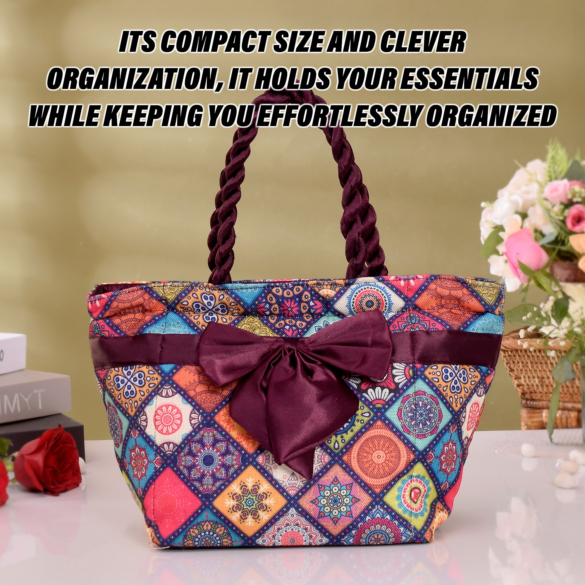 Kuber Industries Hand Purse  Polyester Hand Bag  Woman Shoulder Bag  Top Handle Handbag  Gifting Hand Purse  Ladies Tote Purse  Bow Rangoli Printed Handbag  Wine