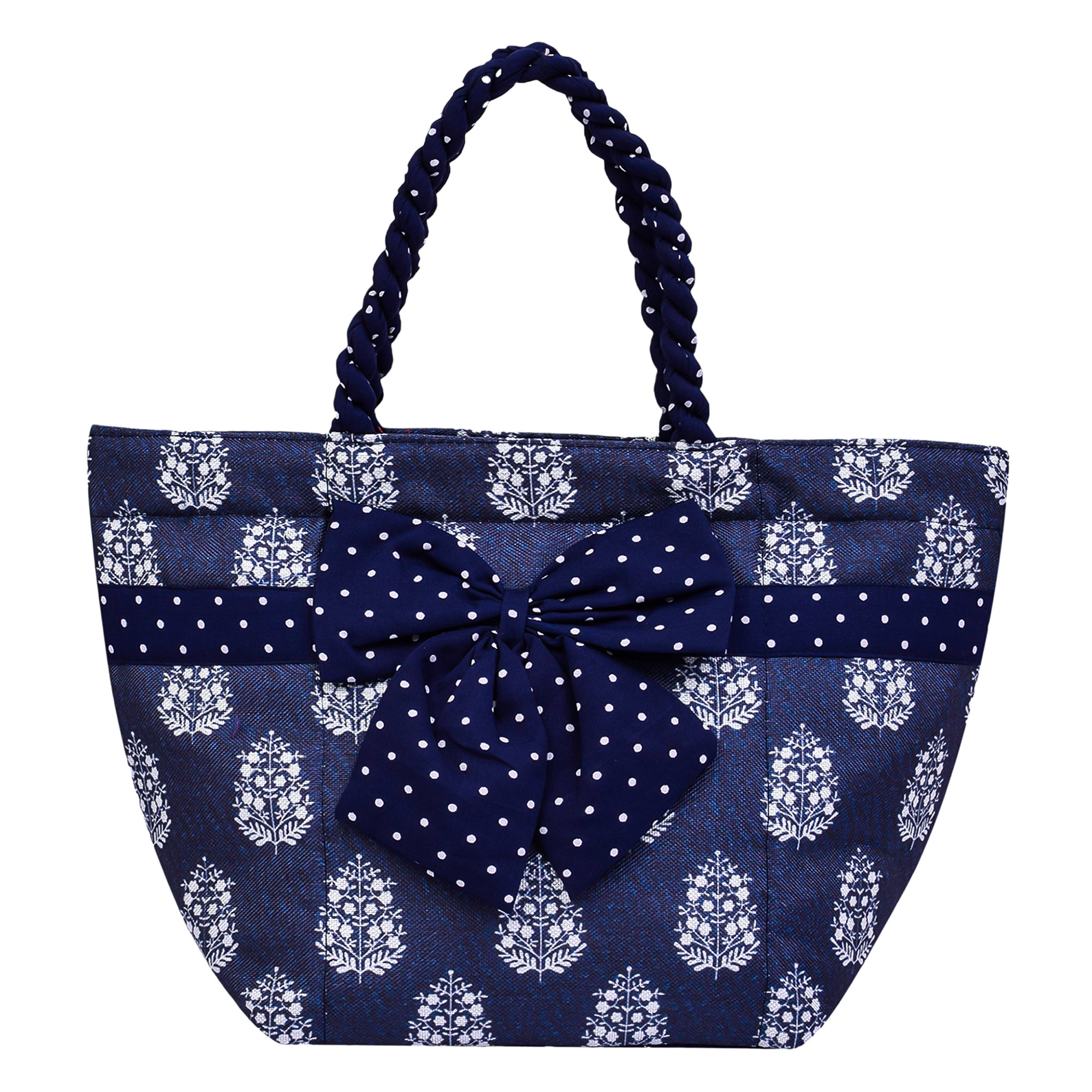 Kuber Industries Hand Purse  Polyester Hand Bag  Woman Shoulder Bag  Top Handle Handbag  Gifting Hand Purse  Ladies Tote Purse  Bow Dot Printed Handbag  Blue