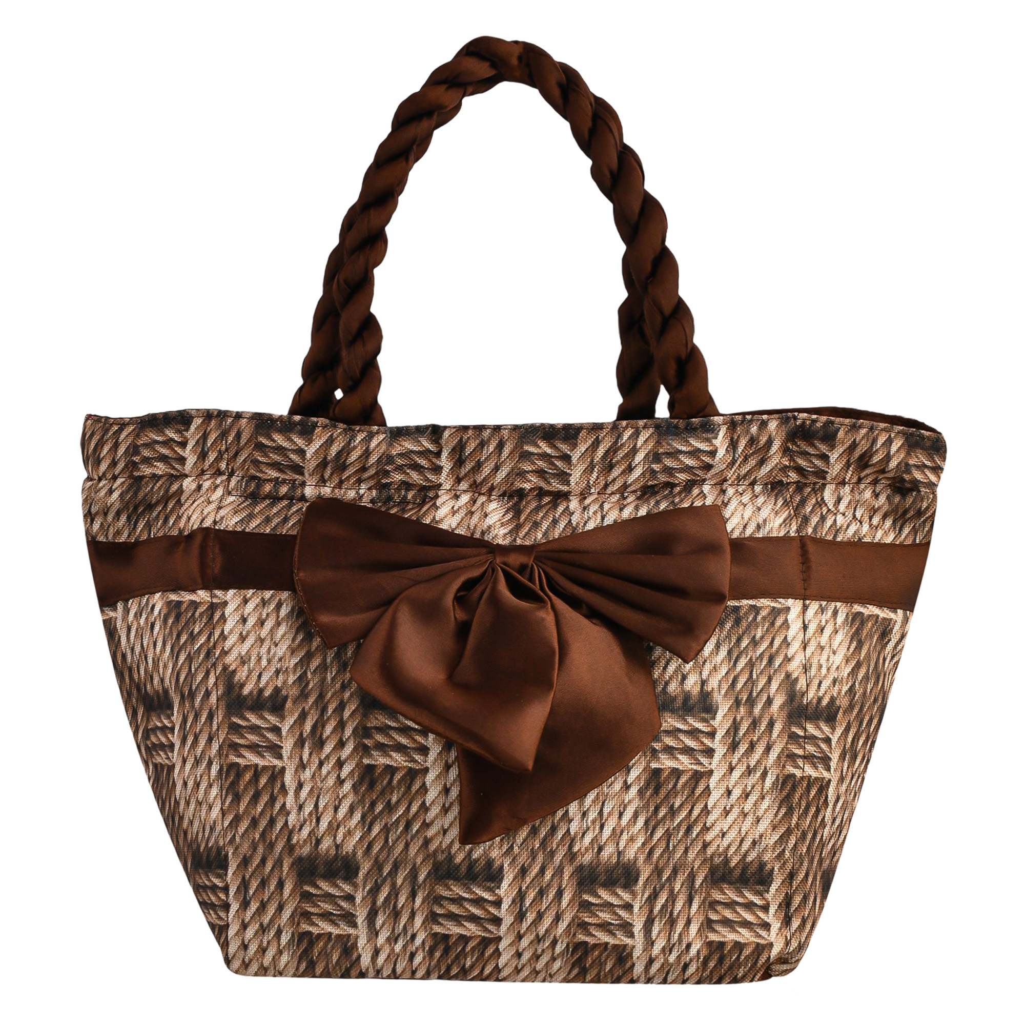 Kuber Industries Hand Purse  Polyester Hand Bag  Woman Shoulder Bag  Top Handle Handbag  Gifting Hand Purse  Ladies Tote Purse  Bow Chatai Printed Handbag  Brown
