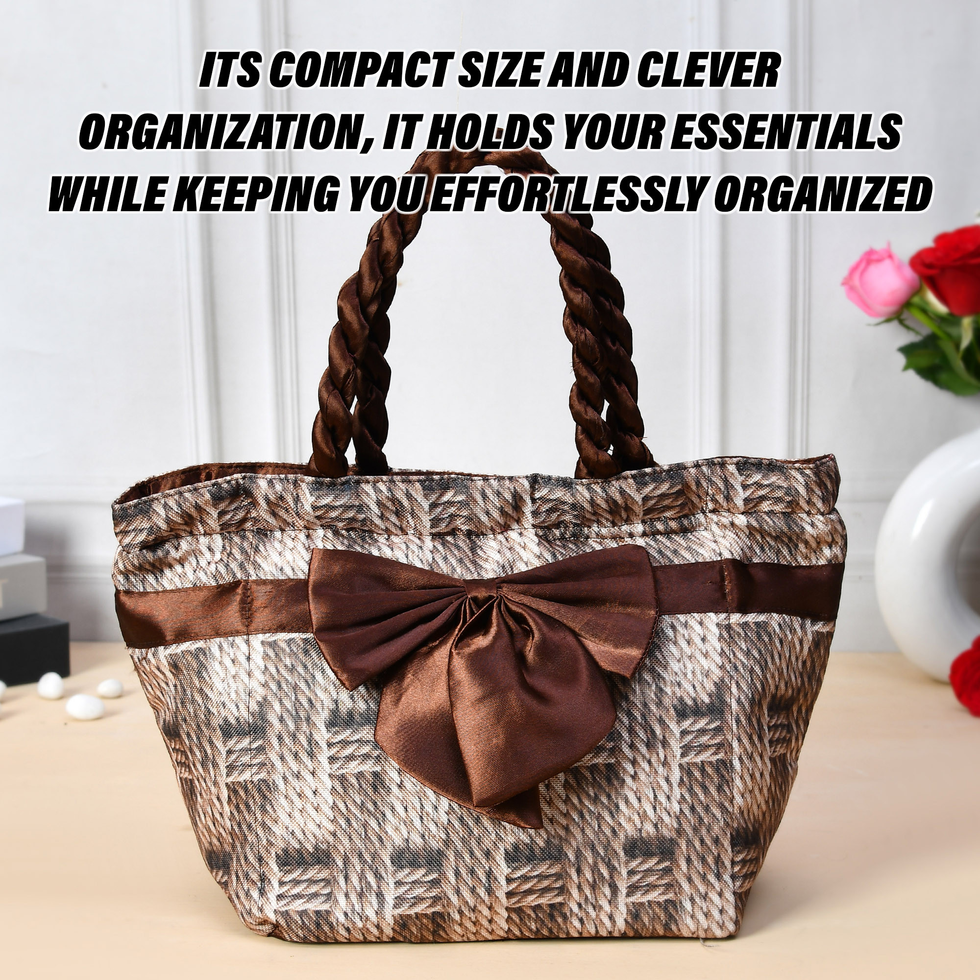Kuber Industries Hand Purse | Polyester Hand Bag | Woman Shoulder Bag | Top Handle Handbag | Gifting Hand Purse | Ladies Tote Purse | Bow Chatai Printed Handbag | Brown