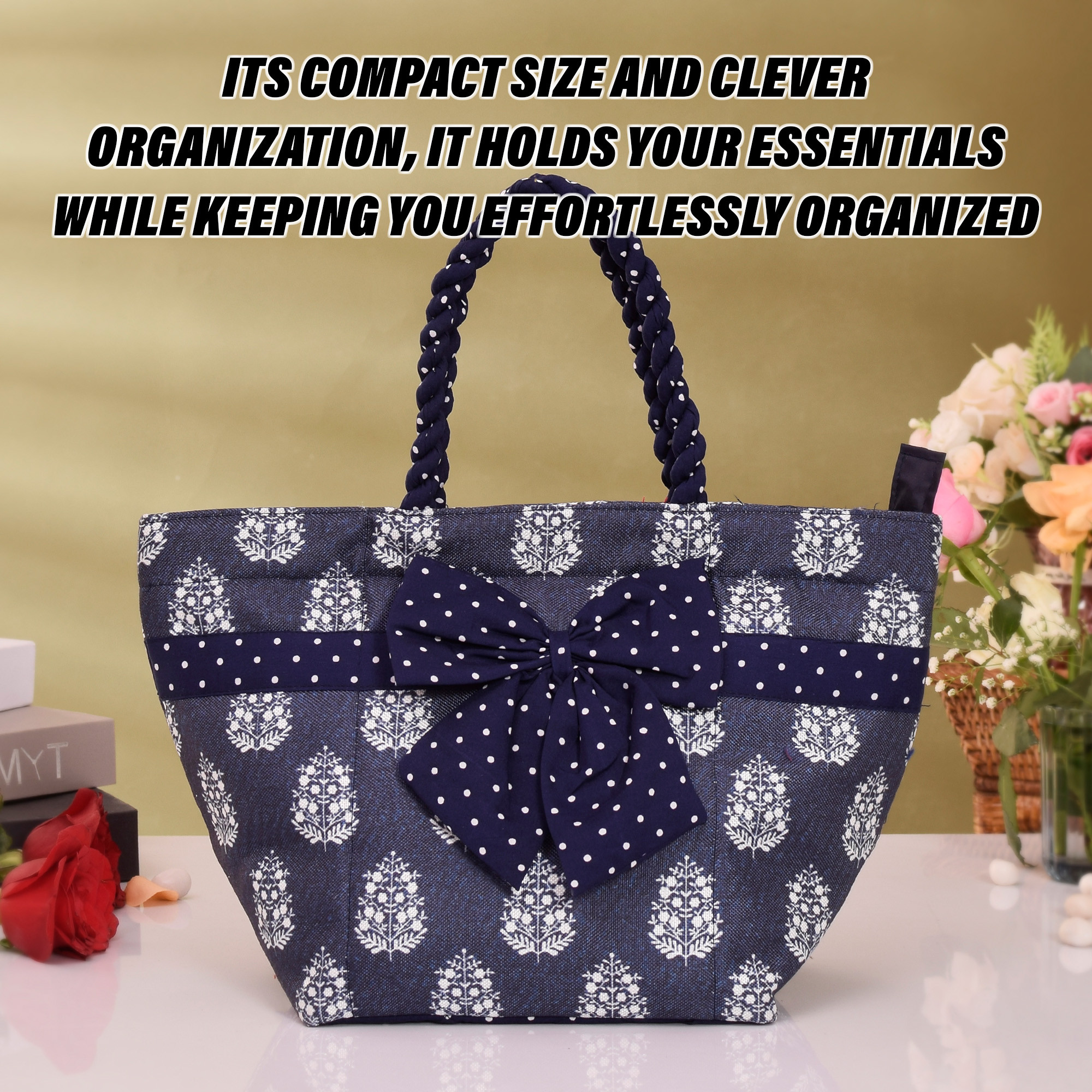 Kuber Industries Hand Purse | Polyester Hand Bag | Woman Shoulder Bag | Top Handle Handbag | Gifting Hand Purse | Ladies Tote Purse | Bow Dot Printed Handbag | Blue