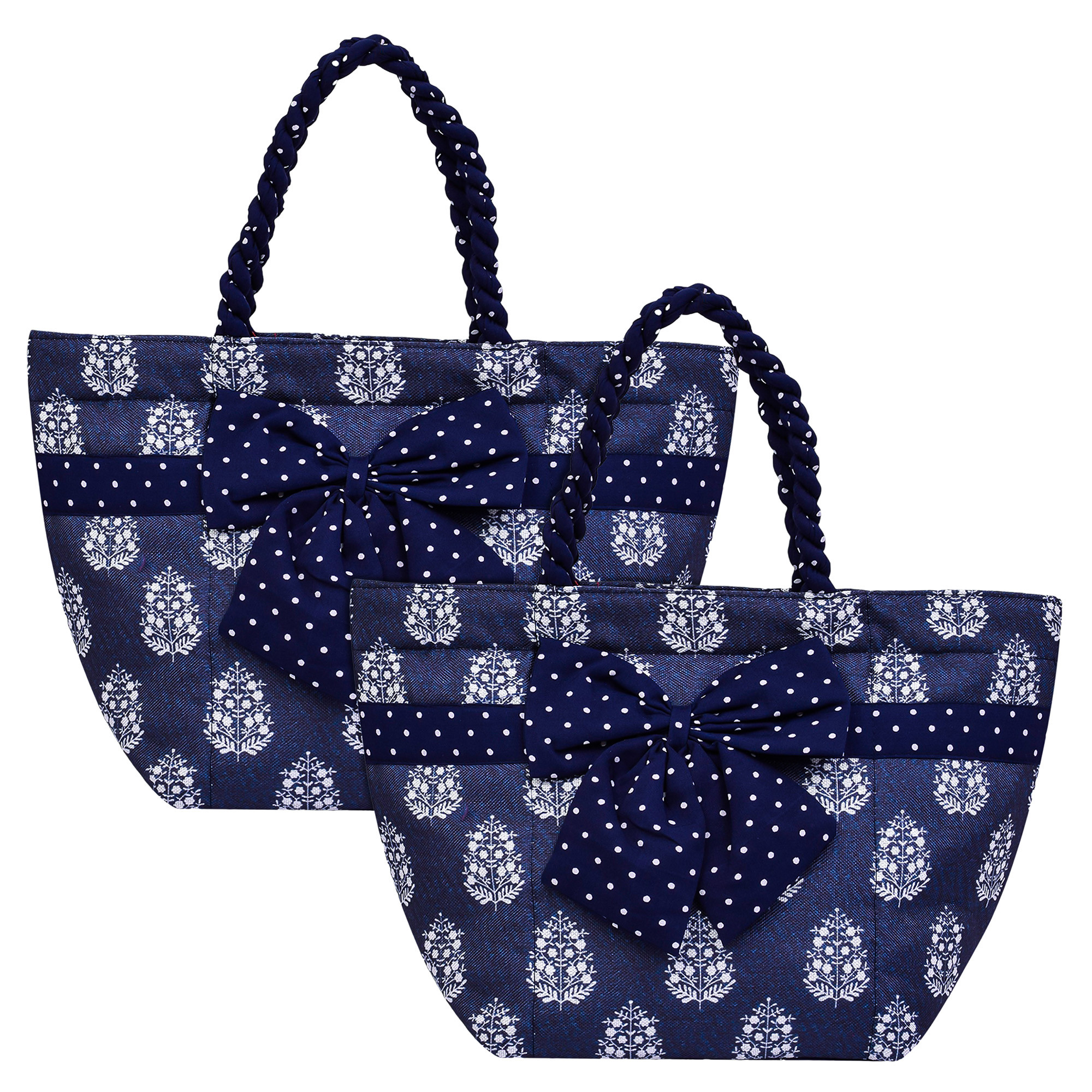 Kuber Industries Hand Purse | Polyester Hand Bag | Woman Shoulder Bag | Top Handle Handbag | Gifting Hand Purse | Ladies Tote Purse | Bow Dot Printed Handbag | Blue