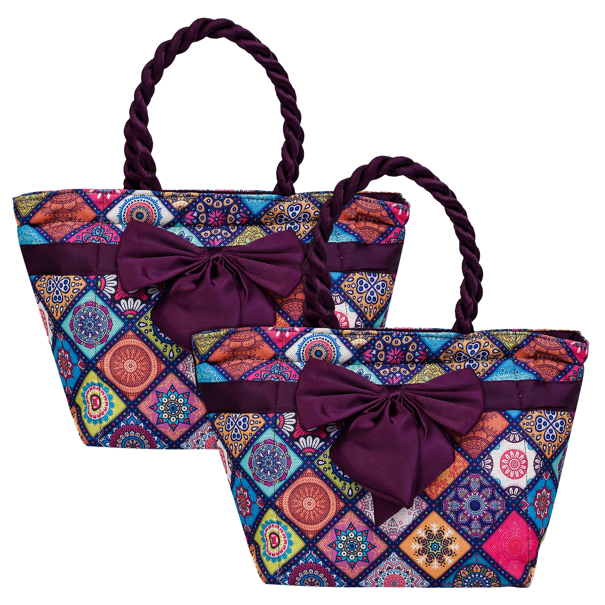 Kuber Industries Hand Purse | Polyester Hand Bag | Woman Shoulder Bag | Top Handle Handbag | Gifting Hand Purse | Ladies Tote Purse | Bow Rangoli Printed Handbag | Wine