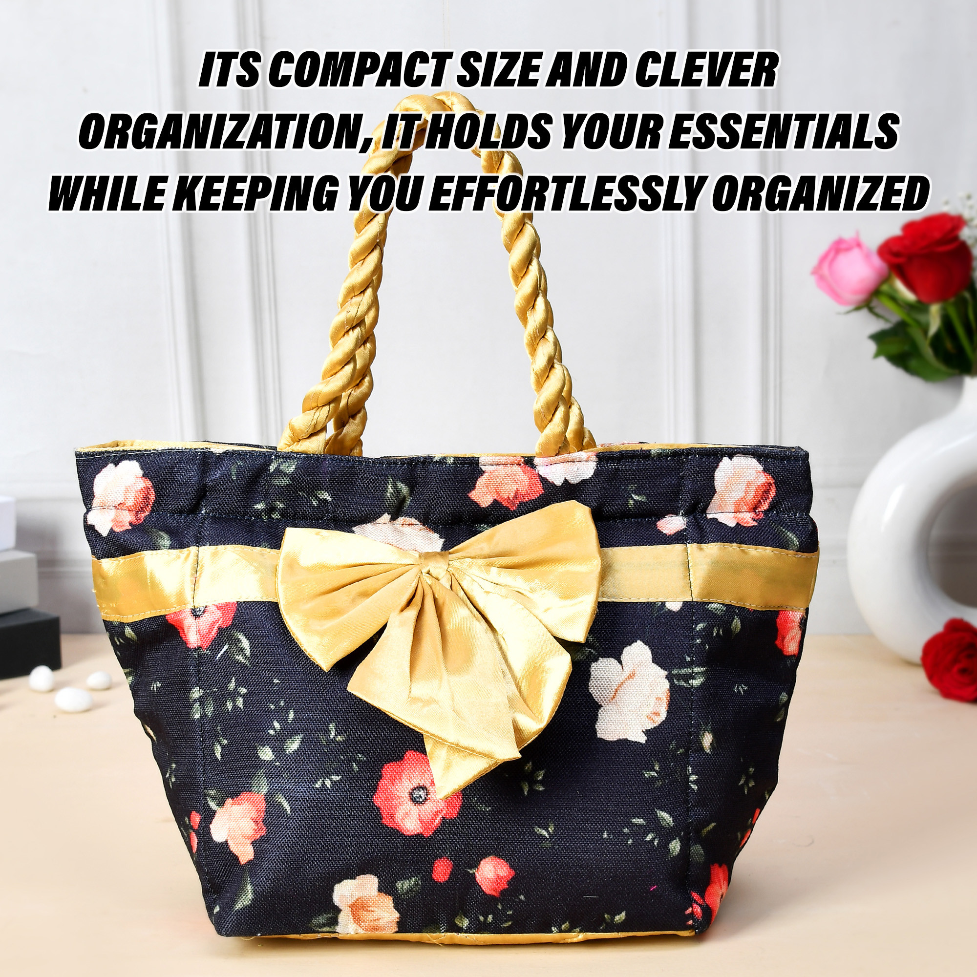 Kuber Industries Hand Purse | Polyester Hand Bag | Woman Shoulder Bag | Top Handle Handbag | Gifting Hand Purse | Ladies Tote Purse | Bow Flower Printed Handbag | Blue