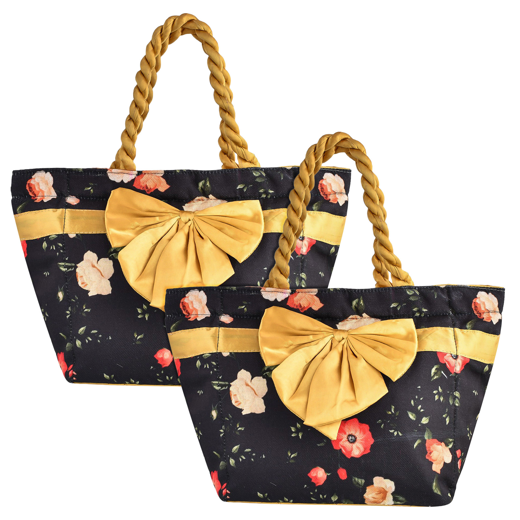 Kuber Industries Hand Purse | Polyester Hand Bag | Woman Shoulder Bag | Top Handle Handbag | Gifting Hand Purse | Ladies Tote Purse | Bow Flower Printed Handbag | Blue