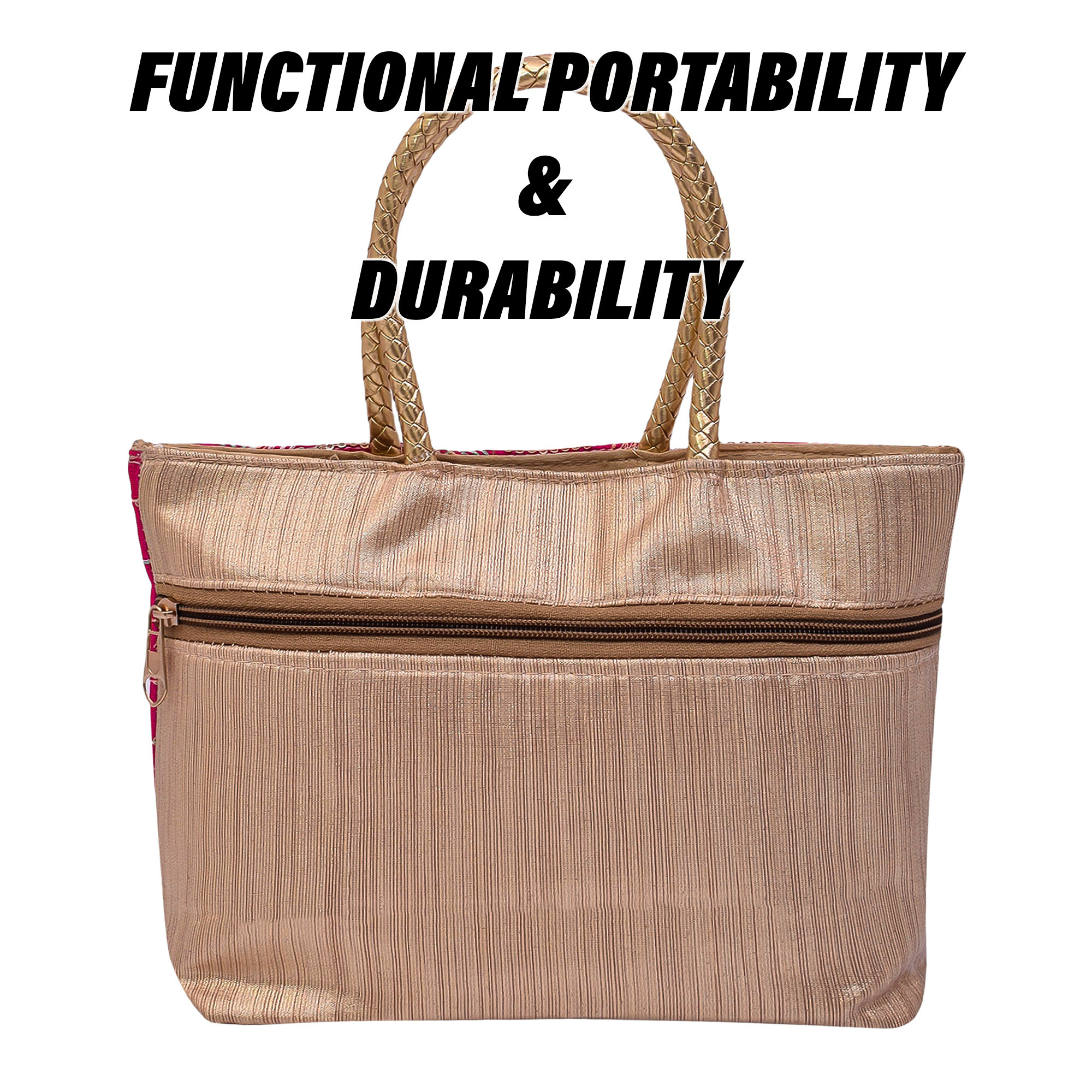 Kuber Industries Hand Purse  Traditional Hand Purse  Silk Wallet Hand Bag  Shagun Hand Purse  Gifts Hand Bag  Golden Handle Tote Hand Bag  Embroidery-Hand Purse  Medium  Rani